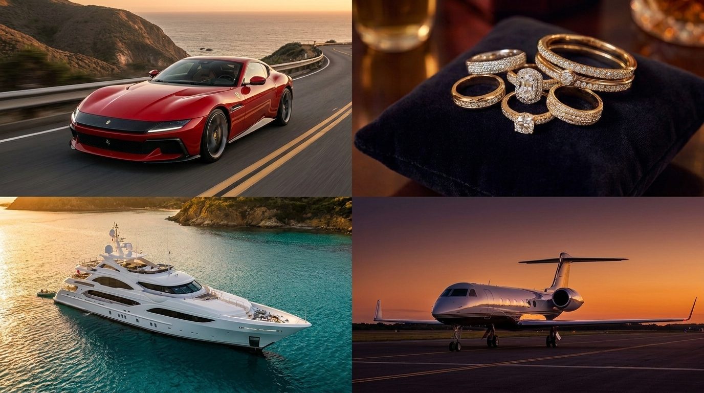 Luxury brands montage featuring a red Ferrari 12 Cilindri, fine jewelry, a superyacht and a private jet