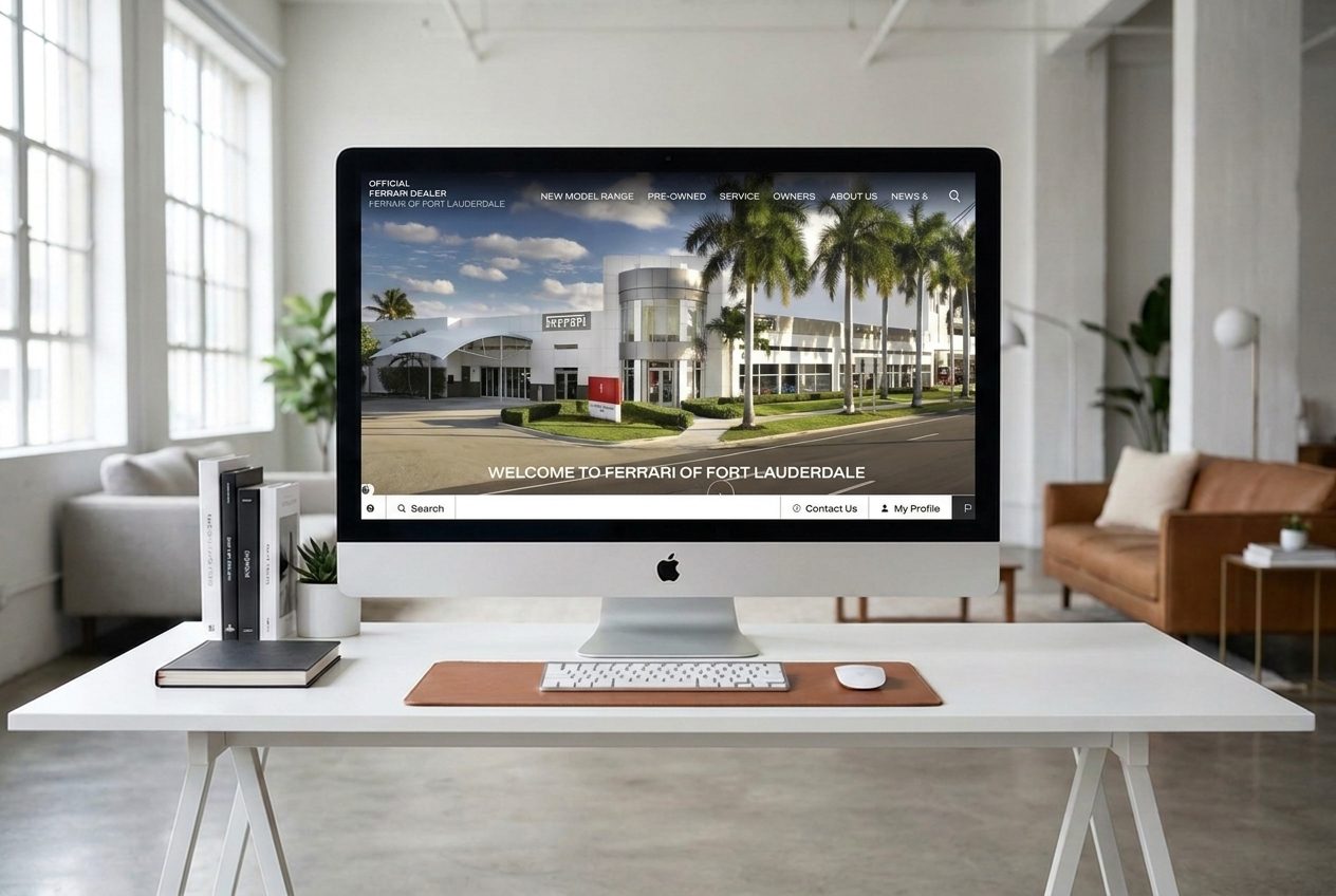 The Ferrari of Fort Lauderdale website homepage displayed on an iMac, luxury web design by Advertising Avenue