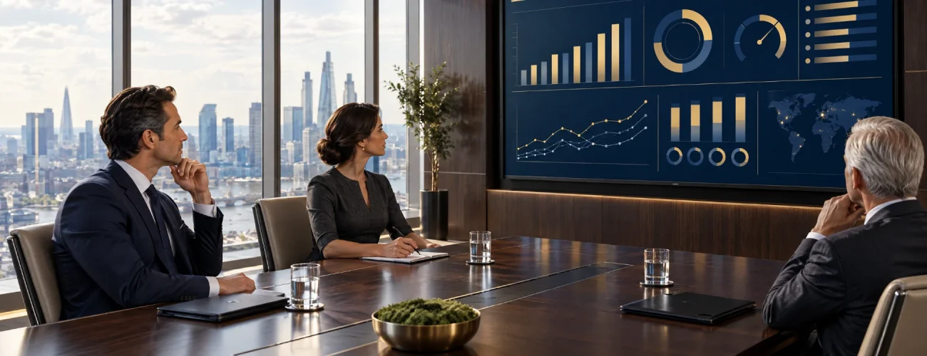 Luxury brand executives reviewing an AI brand monitoring share of voice dashboard