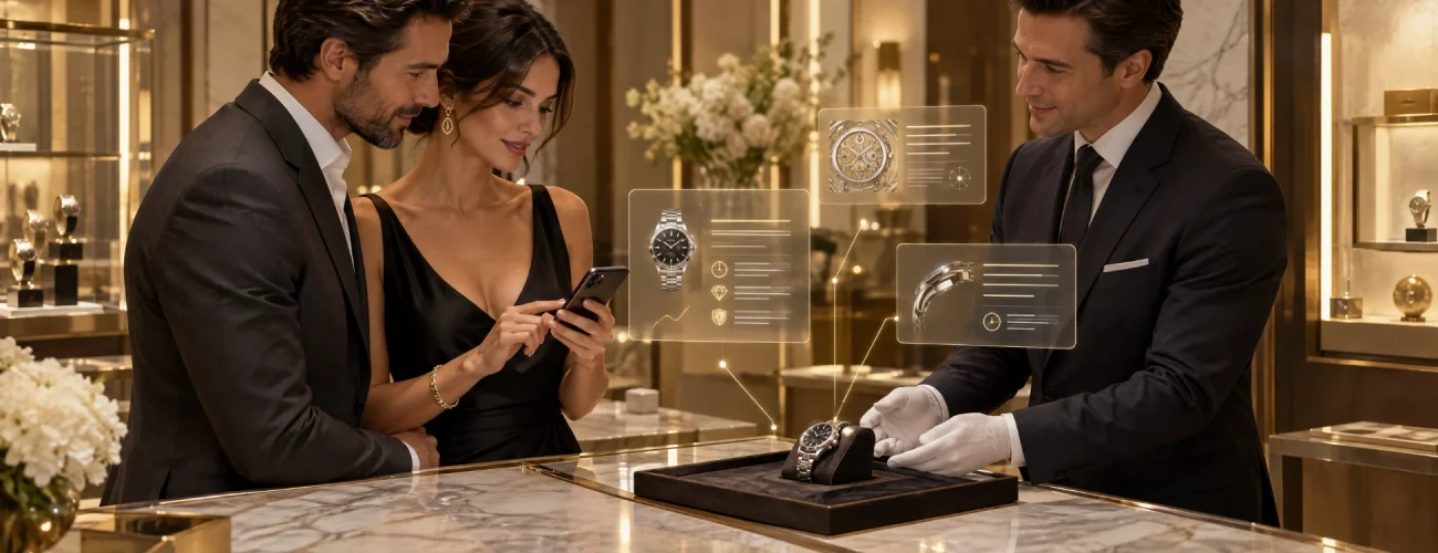 Affluent clients in a luxury boutique researching with AI, illustrating AI brand monitoring