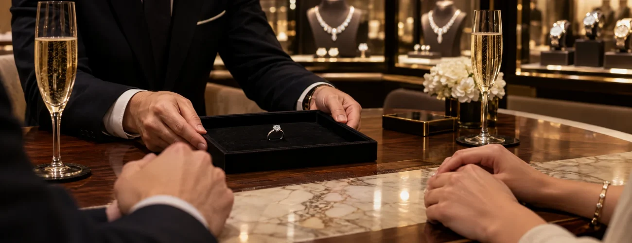 Luxury jewelry marketing private viewing of a diamond engagement ring in a fine jewelry boutique