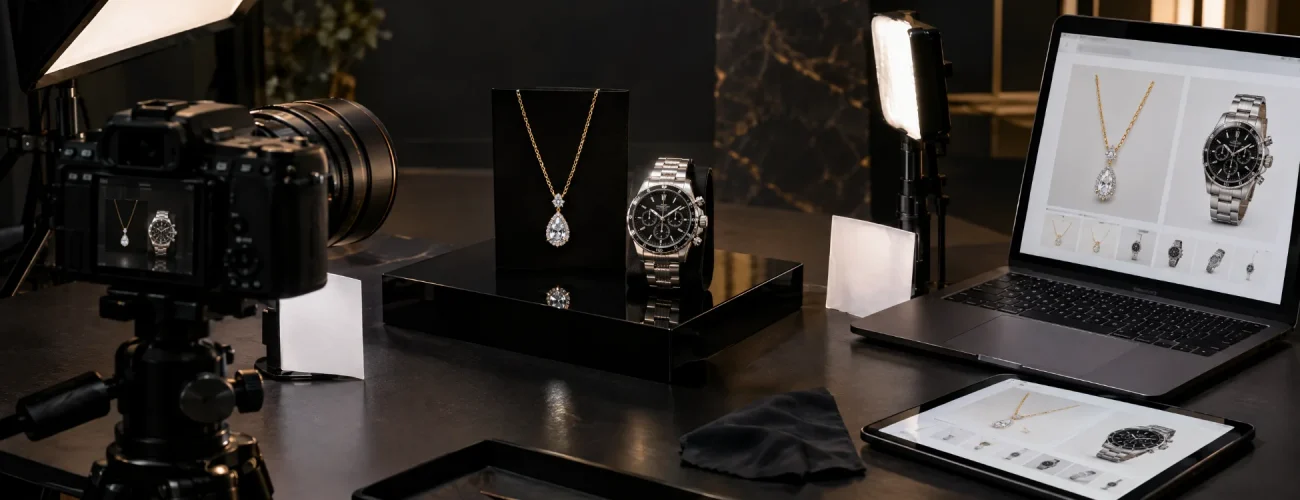 Luxury jewelry marketing product photography studio with a diamond necklace and luxury watch